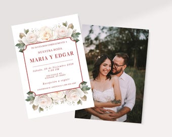 Invitación de Boda Digital Editable Canva – Diseño de Rosas – Invitación Romántica en Español Imprimible