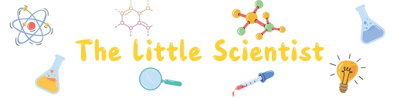 May include: A colourful illustration of scientific tools and the text "The Little Scientist". The image includes a magnifying glass, a light bulb, a beaker, a dropper, an atom, and a molecule.