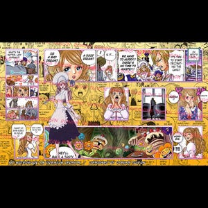 Pode incluir: Uma página de banda desenhada colorida com vários painéis apresentando personagens do anime One Piece. Os personagens estão vestidos com diferentes roupas e estão envolvidos em uma conversa. O texto nos painéis inclui frases como "O que está acontecendo, Lady Pudding?" e "Temos que nos apressar! Não há tempo a perder!"