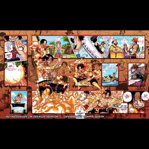 Op de afbeelding: Een digitale illustratie van een scène uit de anime One Piece. De scène toont het personage Ace, dat in vlammen gehuld is. De tekst "Dr. Black Beard" is zichtbaar op de achtergrond.