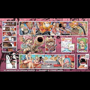 May include: A colorful collage of cartoon characters from the anime series One Piece. The characters are in various poses and settings, including a pirate ship, a tropical island, and a desert landscape. The collage is framed by a pink border and includes the text "NO WATERMARK ON PREMIUM VERSION / DESIGNED BY RONINS TAVERN".