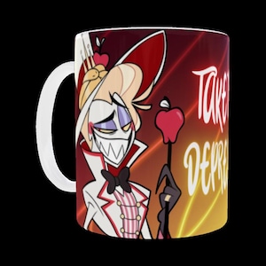 Puede incluir: Taza de cerámica blanca con un personaje de dibujos animados rojo y blanco con un sombrero rojo y una manzana roja en un palo. El texto "Take a Depressive" está en la taza.