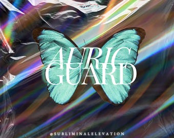 May include: A digital art piece featuring a butterfly with turquoise wings and brown edges, overlaid with the words "AURIC GUARD" in white. The background is a holographic, iridescent pattern with the text "VOL. ONE" and "@SUBLIMINALELEVATION".