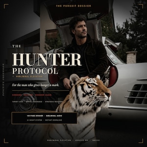 May include: A promotional graphic titled The Hunter Protocol featuring a person sitting in a silver sports car with gull-wing doors open. A large tiger is in the foreground. Text includes The Pursuit Dossier, 164-Page Dossier, Subliminal Audio, 21-Night System, and Instant Download.