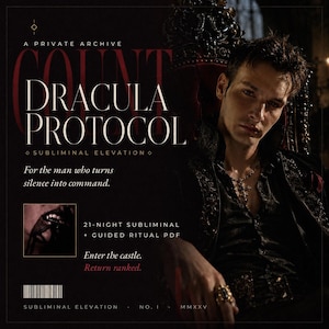 Könnte beinhalten: Ein digitales Plakat mit dem Titel A PRIVATE ARCHIVE COUNT DRACULA PROTOCOL SUBLIMINAL ELEVATION. Es zeigt eine Person in dunkler formeller Kleidung mit Kreuzhalskette und Ring, ein kleines Bild von Fangzähnen und Text wie 21-NIGHT SUBLIMINAL + GUIDED RITUAL PDF.