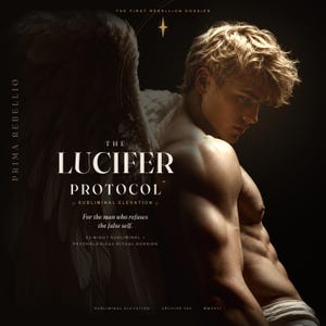 May include: A digital graphic featuring a muscular figure with large feathered wings. Text reads: THE LUCIFER PROTOCOL, SUBLIMINAL ELEVATION, For the man who refuses the false self, 21-NIGHT SUBLIMINAL + PSYCHOLOGICAL RITUAL DOSSIER, PRIMA REBELLIO, THE FIRST REBELLION DOSSIER, ARCHIVE 002, MMXXVI.