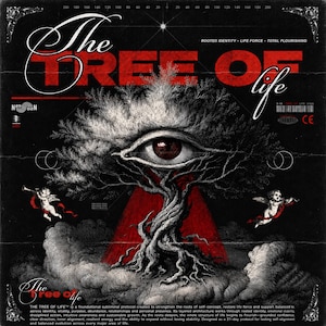 Peut inclure: Une impression graphique noire et rouge représentant un arbre central avec un grand œil dans sa canopée, flanqué de deux petites figures ailées. Le texte indique "The TREE OF life", "ROOTED IDENTITY - LIFE FORCE - TOTAL FLOURISHING".