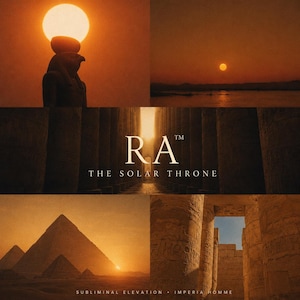 以下が含まれることがあります： 太陽円盤を持つエジプトの神のシルエット、水辺の夕日、RA THE SOLAR THRONEの文字が記された石柱の中央廊下、夕暮れのピラミッド、そしてSUBLIMINAL ELEVATION IMPERIA HOMMEの文字が記された古代の石柱で構成されたコラージュ画像。