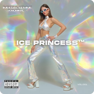 Peut inclure: Pochette d'album pour "Imperia Femme Subliminal" avec une personne vêtue d'un haut et d'un pantalon à paillettes argentées, ainsi que des chaussures à talons compensés. Le texte "ICE PRINCESS" est mis en évidence, avec "Parental Advisory Explicit Content" et "VOL.001".
