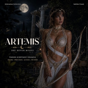 May include: A digital illustration of a figure dressed in a white and gold draped garment with intricate gold filigree, holding a large bow and arrow. Text reads: SUBLIMINAL ELEVATION, IMPERIA FEMME, ARTEMIS, SHE NEVER MISSES, FEMININE ACHIEVEMENT SUBLIMINAL, DESIRE, PRECISION, ACTION, VICTORY.