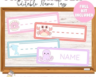 May include: A wooden framed image with the text "UNDER THE SEA" and "Editable Name Tags". The image features four rectangular name tags with sea creature illustrations, including a seashell, crab, dolphin, and octopus. The words "FULL KIT INCLUDED" and "INSTANT DOWNLOAD" are also visible.