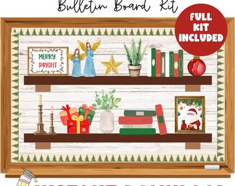 May include: A Christmas-themed bulletin board kit with the text "CHRISTMAS BOOKSHELF Bulletin Board Kit" and "FULL KIT INCLUDED". The design includes shelves with festive decorations, books, angels, and a Santa Claus picture. The words "MERRY BRIGHT" are also visible.