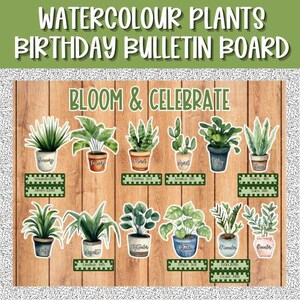 Peut inclure: Un tableau d'affichage d'anniversaire en aquarelle avec les mots "Bloom & Celebrate" en haut. Le tableau est décoré d'illustrations d'aquarelle de plantes et de fleurs, chacune avec un nom et une date d'anniversaire écrits en dessous.
