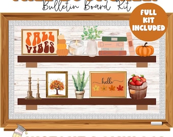 May include: A digital illustration of a fall-themed bulletin board kit. The design includes shelves with books, pumpkins, candles, and framed art with the words "Fall Vibes" and "hello". The text "FALL BOOKSHELF Bulletin Board Kit" and "INSTANT DOWNLOAD" are also included.