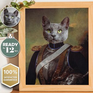 May include: A gray cat dressed in a military uniform with gold accents. The cat is wearing a blue and gold sash and a gold helmet. The background is a green and brown painting.