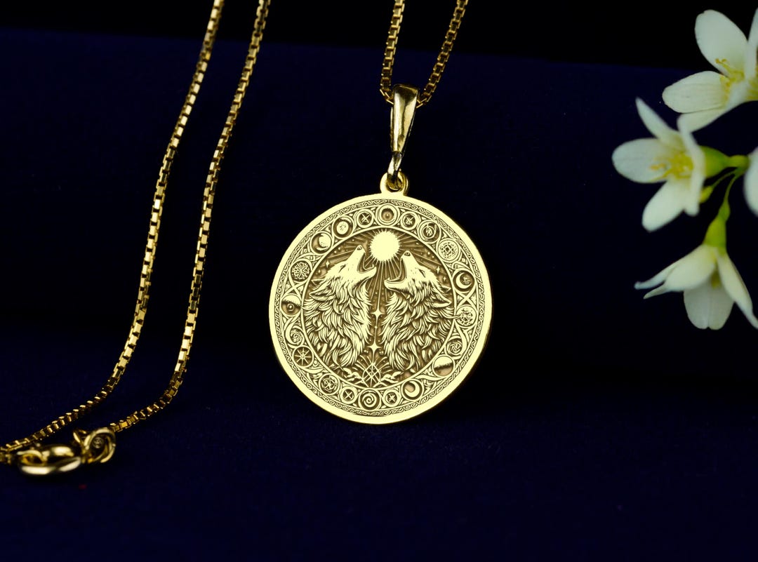 Skoll & Hati Rune Wolf Pendant | Viking Moon-phase Necklace | Gold ...