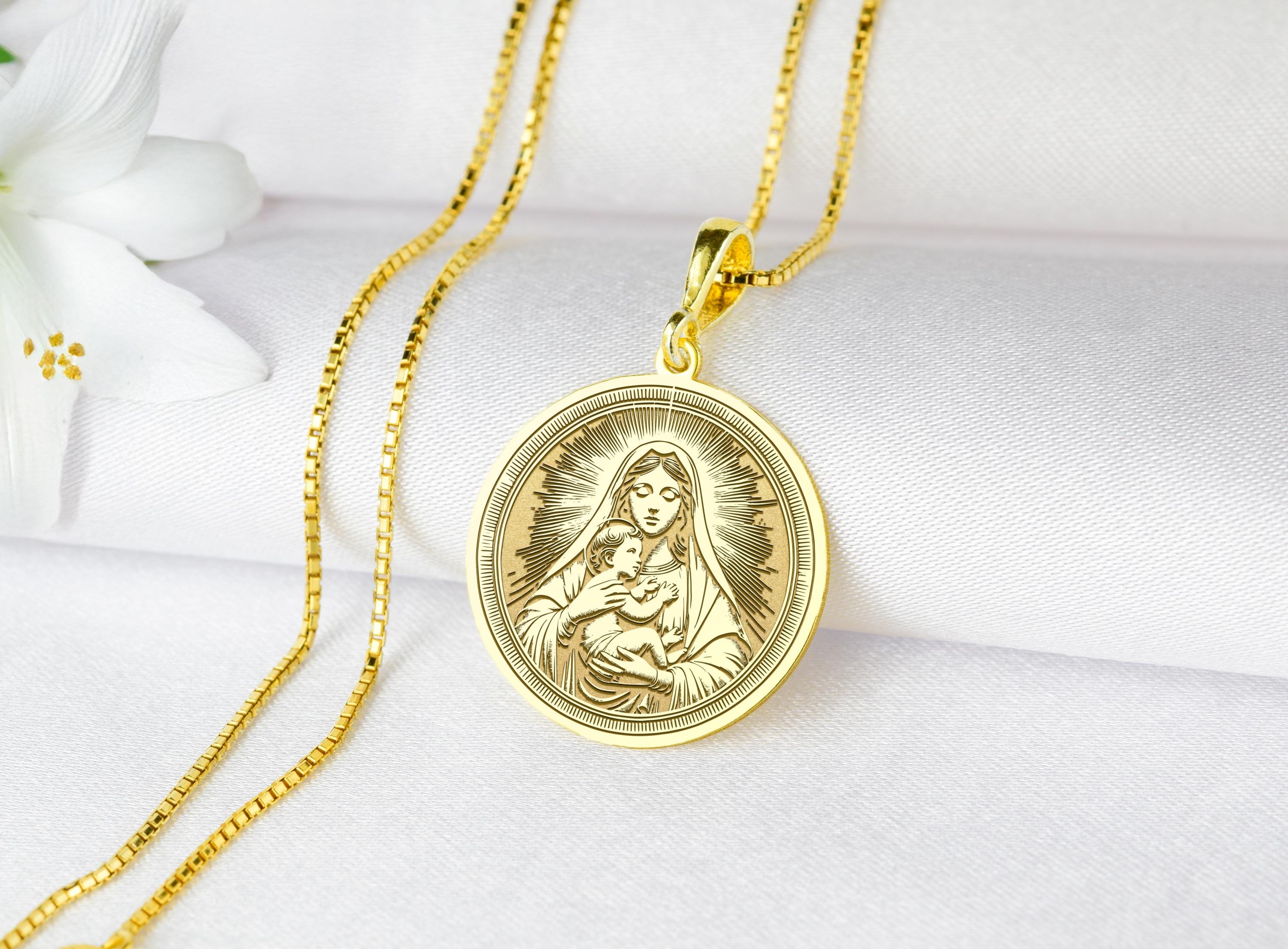 Virgin Mary and Child Jesus Necklace, 925 Sterling Silver Religious Jewelry, Catholic Gift, Baptism First Communion Gift, Gift for Mom