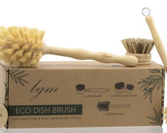 Bamboo Dish Brush Set with Handle  and Refill Heads – Eco-Friendly Kitchen Cleaning Tools for Dishes, Pots & Glasses