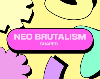 May include: A graphic design featuring the text "NEO BRUTALISM SHAPES" in white on a pink rounded rectangle. The background is yellow with various abstract shapes in black, light green, light purple, and pink.