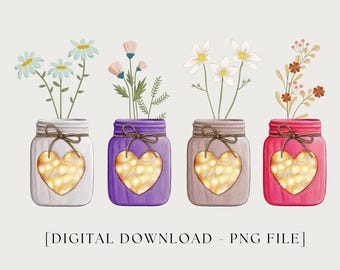 Mason Jars with Flowers png, Heart Mason Jars png, Flowers png, Spring Florals png, Digital Download