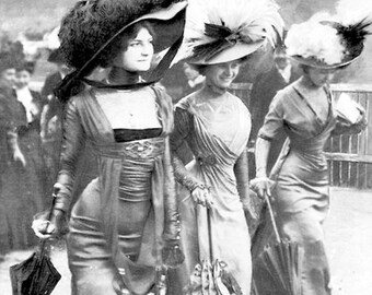 Three Women Elegant Edwardian Ladies Walking Fancy Hats Victorian Dress Paris Fashion 1900 Black and White Vintage Photography Photo Print