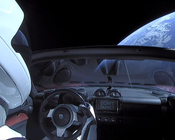 Dont Panic Spacex Starman Tesla Roadster In Space Hitchhikers Guide To The Galaxy Falcon Heavy Demo Car Star Man Photography Photo Print