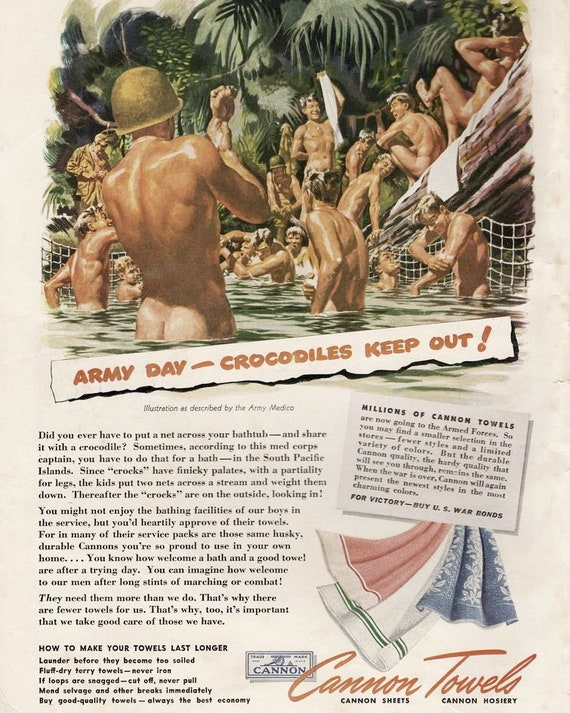 Vintage Ad Nude Men Bathing Advertising for Cannon Towels Naked Military  Army Navy WWII Males Washing From Old Advertisement Photo Print