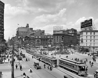 Old Detroit Opera House Hudsons Campus Martius Edwardian City 1917 Streetcars Trolleys Black and White Historic Photography Photo Print