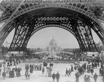 Eiffel Tower Paris 1889 Belle Epoque Universal Exposition Tour Eiffel Ladies Umbrellas Victorian Dress Black White Photography Photo Print