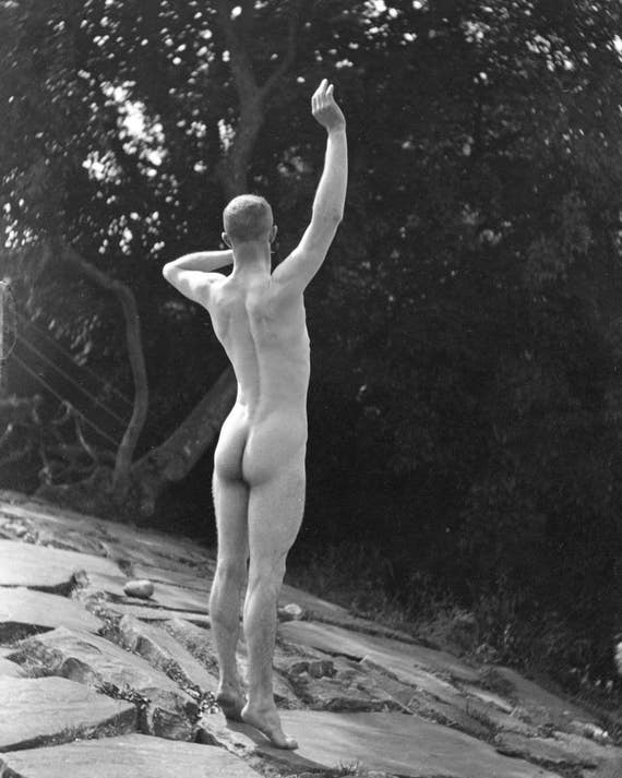 Vintage 70s Naturist Nude - Vintage Male Nude Standing Man from 1900 Old Photograph of Outdoors  Naturist Stands on Rocks Woods Black and White Photography Photo Print