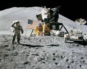American Flag on the Moon Apollo 15 Astronaut James Irwin NASA Space Age Art 1970s Historic Lunar Scientific Science Photography Photo Print