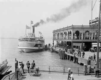 Old Detroit Photography 1890s 1910 Victorian Steamboat Boat Ferry Docking at Belle Isle Park Island Black and White Photography Photo Print