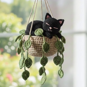 Handmade Crochet Black Cat Sleeping in Pothos Pot Hanging, Black Cat Rearview Mirror Car Hanging, Cat and Plant Pot Wall Art