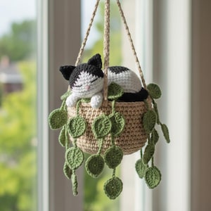 Handmade Crochet Tuxedo Cat Sleeping in Pothos Pot Hanging, Tuxedo Cat Rearview Mirror Car Hanging, Cat Plant Pot Wall Decor, Cat Mom Gift