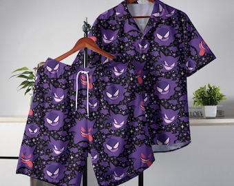 Gengar Hawaiian Shirt Tropical Button Up Shirt Summer Hawaiian Short Tropical Hawaii Set Gengar Shirt Gifts