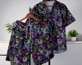 Gengar Hawaiian Shirt Tropical Button Up Shirt Summer Hawaiian Short Unisex Hawaii Set Neon Gengar Shirt Gifts