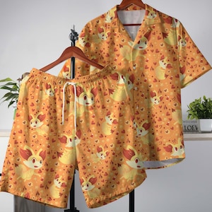 Fennekin Hawaiian Shirt, Tropical Button-up Shirt, Summer Beach Shorts, Matching Outfit, Fennekin Shirt Gift