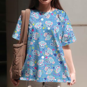 Cute Wooper Retro T-Shirt, Kawaii Graphic Summer Tee, Fun Blue Cartoon Shirt for Anime Game Fans