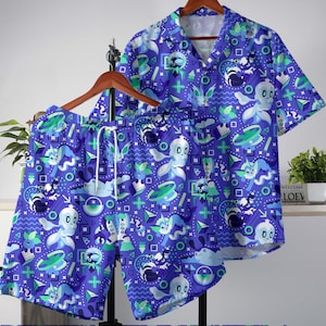 Vaporeon Hawaiian Shirt, Ocean-Themed Tropical Button-Up Shirt, Funny Matching Summer Outfit, Mantyke Beach Shorts Set, Cute Summer Gift