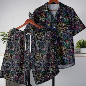 Neon Pikachu and Porygon-Z Hawaiian Shirt, Funny Summer Shorts Set, Cool Summer Outfit, Pikachu SHirt Gifts
