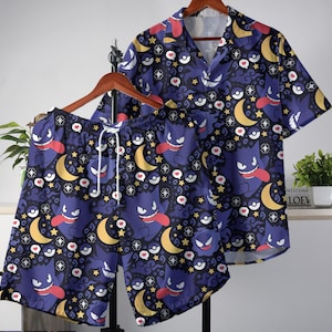 Gengar Hawaiian Shirt Hawaii Button Up Shirt Summer Hawaiian Short Tropical Hawaii Set Moon Gengar Shirt Gifts