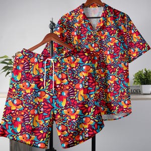 Archen Hawaiian Shirt, Tropical Button Up Shirt, Hawaii Shirt, Hawaiian Short, Summer Shorts Set for Men and Women