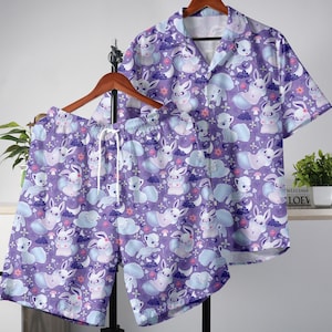 Eevee Hawaii-Hemd Niedliche Vulpix Tropischer Sommer Button Up für Männer & Frauen Leichte Strand Urlaub Bekleidung Einzigartige Geschenke im Island Style