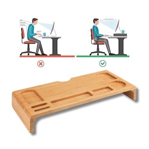 Bamboo Monitor Stand with Cup Holder for kids and adults : Ergonomic Desk Organizer
