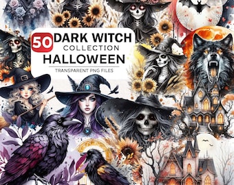 Gothic Hexe Clipart Bundle, 50 PNG Halloween, Hexen Clipart, Dunkle Hexe Png, Fantasy Magie Clipart, Gruselige Png