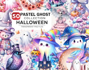 Pode incluir: Uma coleção digital de 50 ilustrações em tons pastel com tema de Halloween, incluindo fantasmas, um esqueleto em vestido rosa, um urso de peluche, um corvo, uma casa assombrada, abóboras, cogumelos e flores com o texto 50 PASTEL GHOST COLLECTION HALLOWEEN.