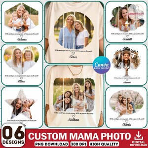 Puede incluir: Una camiseta beige con un diseño de collage de fotos personalizado con tiras verticales. El gráfico incluye el texto To the world you are one person, but to us you are the world, un icono de corazón y un nombre. Se muestran seis plantillas.