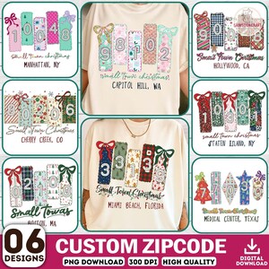 May include: A collection of six cream-coloured t-shirts and digital graphics featuring rectangular gift-tag designs with various holiday patterns, bows, and zip codes. Each design includes the text Small Town Christmas and a specific location name.