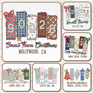 May include: A selection of Christmas-themed designs with the text "Small Town Christmas" and different locations. Each design has decorative columns with numbers, bows, and festive patterns. The designs are set against a white backdrop.