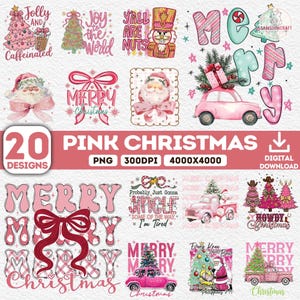 Può includere: Una collezione di 20 design grafici digitali a tema natalizio con tavolozze di colori rosa. Gli elementi includono Babbo Natale, schiaccianoci, alberi di pino decorati, auto d'epoca, camion, fiocchi e testo come Jolly and Caffeinated, Joy to the World, Y'all Are Nuts e Merry Christmas.